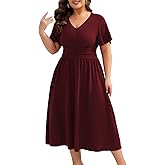 CARROTMOB Women's Plus Size Summer V Neck Long Dresses Short Sleeve A Line Ruffle High Waist Flowy Casual Dress