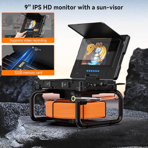 Caméra Endoscopique avec Mesure de Distance, 9'' Caméra d'inspection avec DVR, 23MM HD étanche IP68 Endoscopique Batterie de 4500mAh, Carte TF 32 Go, spécialement conçu pour Les plombiers (30M)