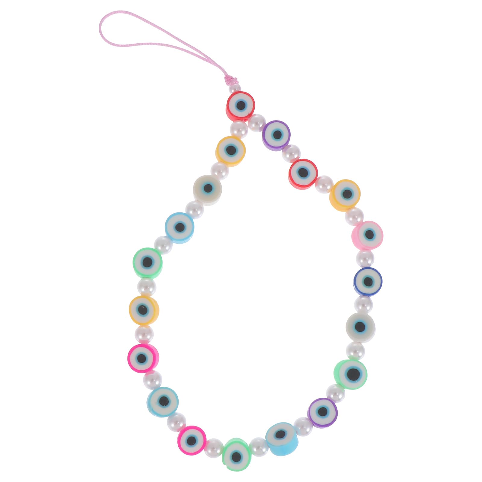 Hemobllo Beaded Phone Strap - Evil Eye Phone Charm Strap Pearl Lanyard Wrist Polymer Clay Bead Bracelet Anti-Lost Chain Keychain Charm for Women Girl