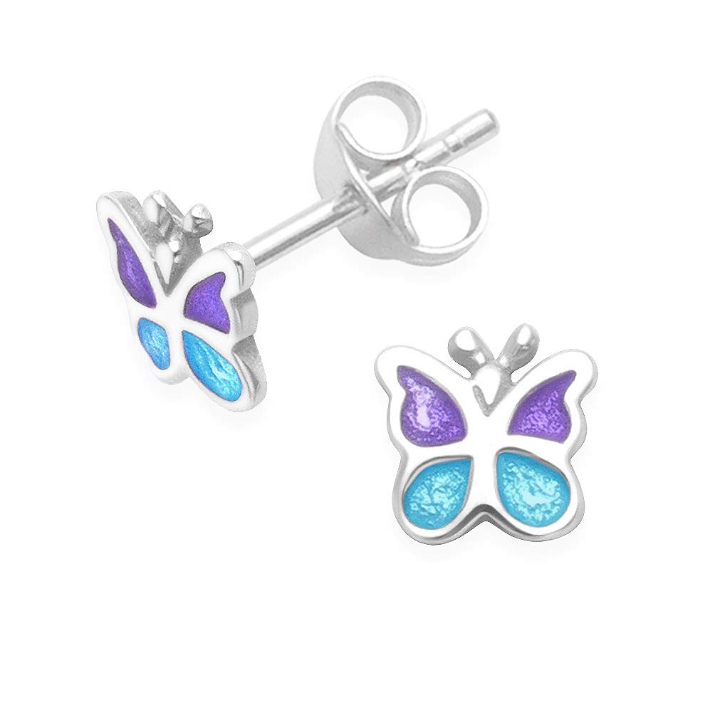 Children's Sterling Silver Butterfly Earrings Turquoise Blue & Purple Enamel - SIZE: 6mm. Gift Boxed. 5605BL