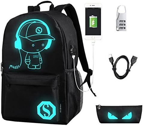Anime Luminous Backpack Daypack Shoulder Under USB Charging Port and Lock School Bag Black