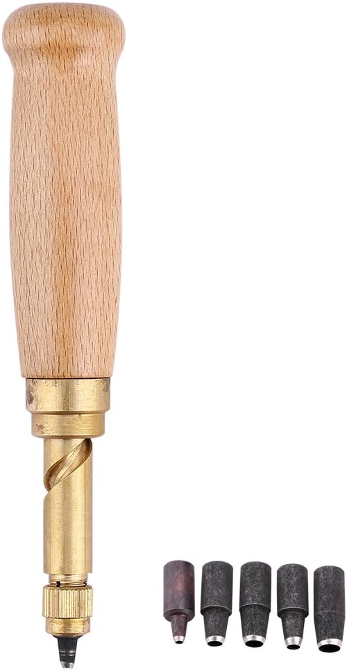 DGTRHTED Tooling Leather - Leather Screw Hole Punch Bookbinding Tool Wooden Handle screw Auto Hole Punch Leather DIY Hand Craft Stitching Tool with 1.5-4mm Tips
