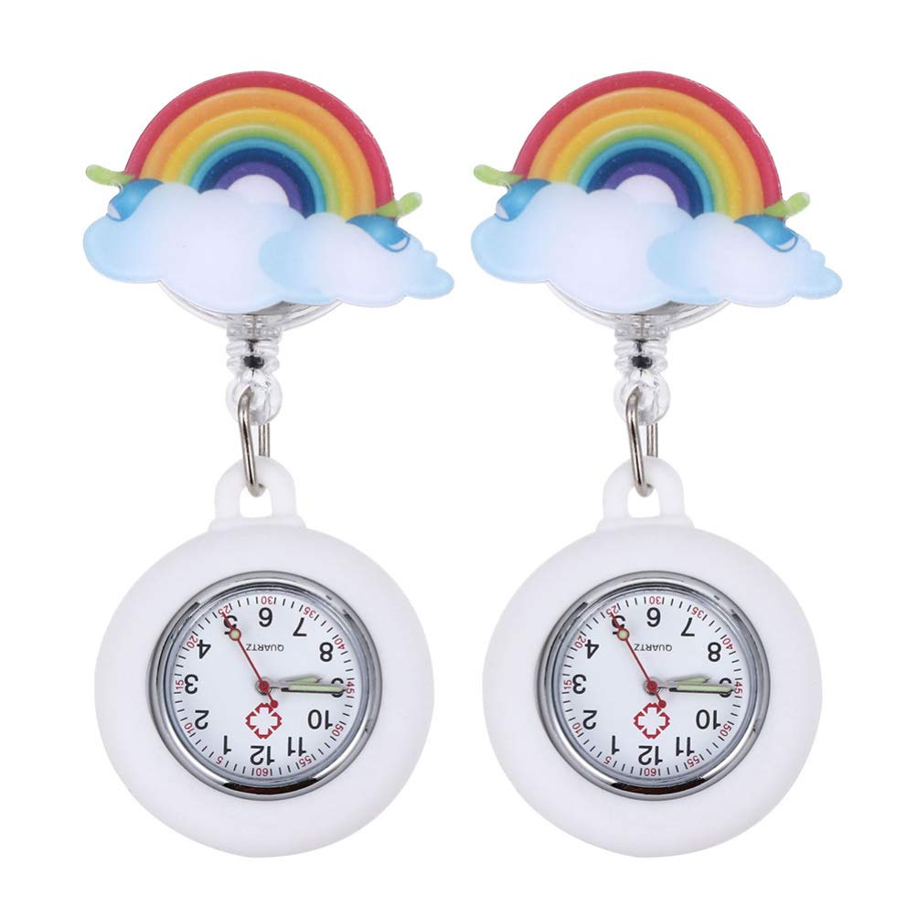 Hemobllo 2pcs Lapel Watch Doctor Clip on Retractable Cute Rainbow Luminous Silicone Cover Badge Fob Watch