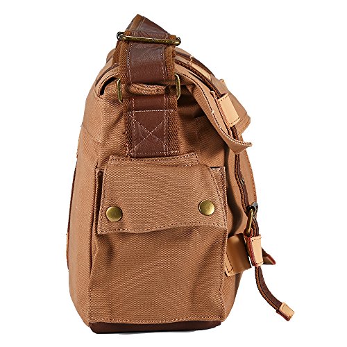 Canvas Leather DSLR SLR Vintage Shoulder Camera Messenger Bag Outdoor Travel Photography Bag Gadget Organizer with Shockproof Insert & iPad Magazine Pocket for Sony Canon Nikon (Large Brown)