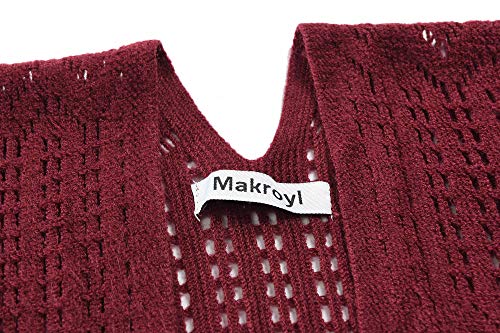 Knit Shawl Wrap for Women Capes Ladies Knitted Scarf Tassel Open Poncho Cardigan (Wine Red) - Thumbnail 4