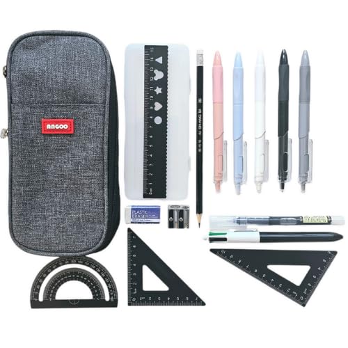 Generic Large Grey Canvas Pencil Case with Stationery Included, Geometry Set, Revision Supplies, Pen Set, Student Essentials for University College School