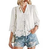 Falechay Tie Front Tops for Women V Neck 3/4 Sleeve Shirts Hook Flower Embroidered Eyelet Cute Blouses Lace Hem Boho Clothes