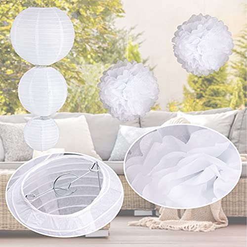 VGOODALL 15 Weiß Papierlaterne Set, 9 Weiß Papier Lampions in 3 Größen mit 6 Weiß Seidenpapier Pompoms Rund Lampenschirm für Party Garten Hochzeit Dekoration