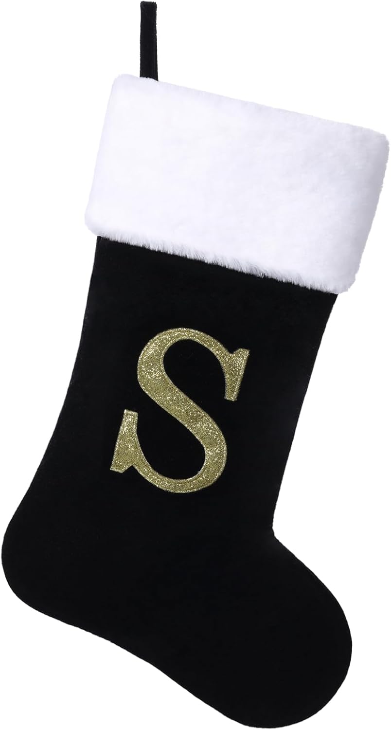Stockings & Holders - Yehnois 20 Inches Initial Monogram Christmas Stocking Personalized,Deluxe Black Velvet Body with Super Soft Plush Cuff Embroidered Letter,Holiday Season Decor（S）