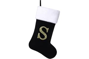 Yehnois 20 Inches Initial Monogram Christmas Stocking Personalized,Deluxe Black Velvet Body with Super Soft Plush Cuff Embroidered Letter,Holiday Season Decor（S）