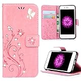 iPhone 7 Flower Wallet Case, Miniko(TM) Premium PU Leather [Flower] 3D Handmade Bling Butterfly Diamond Crystal Flip [Card Slot] Wallet Case Cover for iPhone 7 with Kickstand and Wrist Strap Pink
