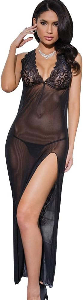 Women's See Through High Split Maxi Long Dress Mesh Sheer Cowl Back Lingerie Gown Black