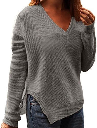 KESEE ☀Clearance☀Women Fashion Solid Long Sleeve V Neck Top Sweater Pullover Loose Jumper Knitwear Outwear (M, Gray)