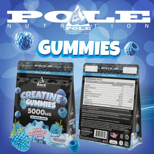 Pole Nutrition Creatine Gummies, Blue Raspberry Flavour, 5000mg, No Sugar Added, 60 Gummies