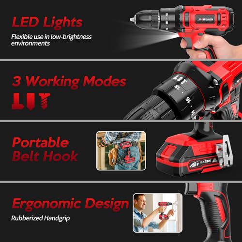 Power Drill Cordless, 20V Cordless Drill, Electric Power Drill Set with 1 Battery & Charger, 3/8” Keyless Chuck, 2 Variable Speed, 18+3 Torque and 72pcs Drill/Driver Bits, Red