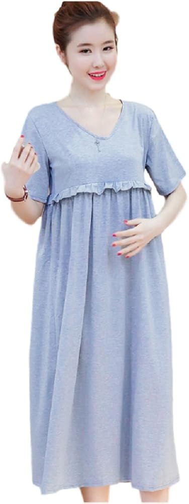 Amazon Co Jp Miwoluna マタニティ ワンピース 授乳服 部屋着 パジャマ ロング マキシ 半袖 授乳口付き ゆったり リラックス マキシ丈 胸フリル 春 夏 服 ファッション小物