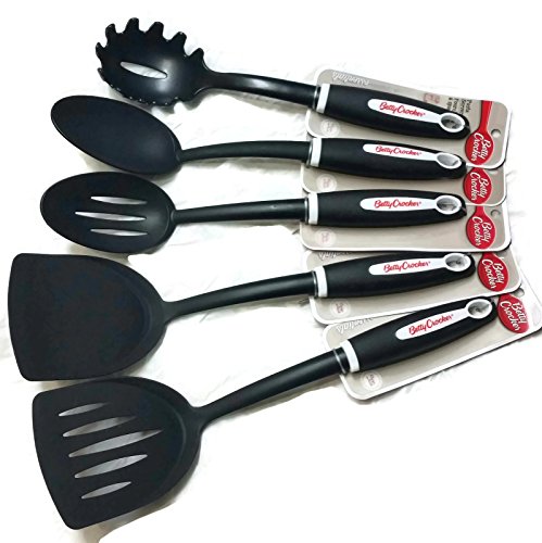 Betty Crocker Large Kitchen 5 Piece Serving Utensil Set, Black Soft Grip Handle