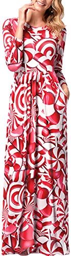 Lavi Beauty Women's 3/4 Sleeve Christmas Print Long Maxi Evening Party Dress With Pockets