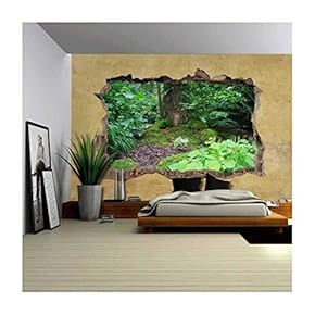 Little Wooden Fairy Tale Door in a Tree Trunk Viewed Through a Broken Wall - Large Wall Mural, Removable Peel and Stick Wallpaper, Home Decor - 66x96 inches