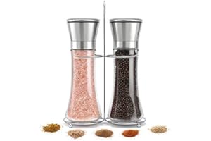 Salt & Pepper Grinder Set of 2 Glass Sea Salt and Spice Shakers with Stand - Adjustable Coarseness Mills - Stainless Steel & 