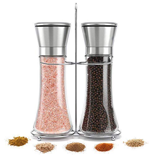 Salt & Pepper Grinder Set of 2 Glass Sea Salt and Spice Shakers with Stand - Adjustable Coarseness Mills - Stainless Steel & Ceramic Rotor