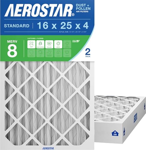 Photo 1 of **ONE ONLY**Aerostar 16x25x4 MERV 8 Air Filter, 2 Count, ACTUAL SIZE (15.50 x 24.50 x 3.75) HVAC, Furnace Filter for Allergies, Dust, Pet Dander & Smoke (MPR 1500 / FPR 10) Fits Lennox & Honeywell Devices