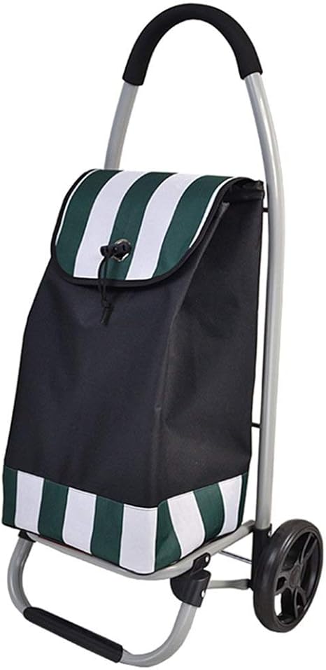 Amazon Htdzdx 軽量ユーティリティ折りたたみショッピングカート 安い ディスカウント価格カートの食料雑貨カート 2の軸受け車輪折りたたみ押し 引きカートオックスフォードの布の縞の買い物袋カートのポケットが付いている携帯用トートバックの大容量 Color Green