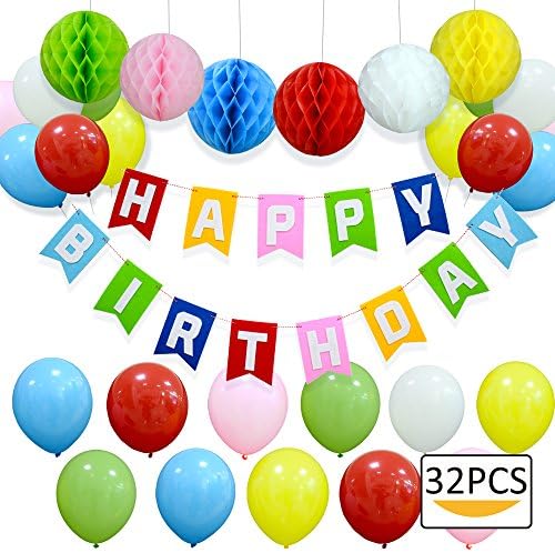 Happy Birthday Party Decorations with Colorful Balloons, Happy Birthday Banner, Colorful Tissue Pom Pom Ball for Birthday Party Supplies by Lucky Party
