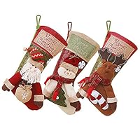 rismart 3 Pairs 46cm 3D Pattern Snowman Keindeer Santa Candy Bag Wool Christmas Stocking