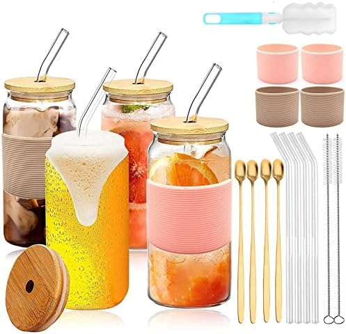 4pcs Set Drinking Glass Cups with Bamboo Lids and Glass Straw - Beer ...