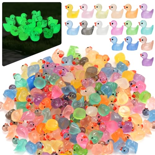 240Pcs Mini Resin Ducks, Tiny Duck Figurines Bulk, Mini Ducks for Miniature Characters Fairy Micro Landscape Aquarium Dollhouse and DIY Decorative Accessories(Luminous Tiny Duck 16 Color-multicolored)