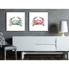 2 Panel Square Canvas Wall Art - Watercolor Painting Style Crabs in Red and Green - Giclee Print Gallery Wrap Modern Home Art Ready to Hang - 12"x12" x 2 Panels