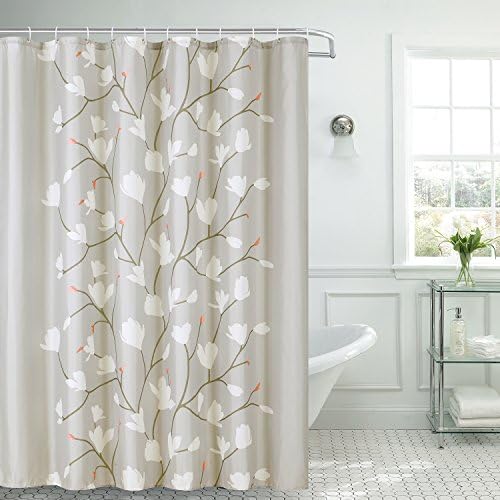 Flower Shower Curtain Fabric Grey and White With Hooks Mildew Resistant Bathroom Curtain Waterproof/Water-Repellent &amp; Antibacterial, 72x72 INCH,Grey
