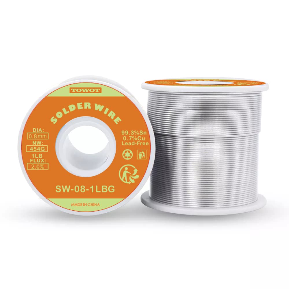 TOWOT Lead Free Solder Wire with Rosin Core for Electrical Soldering, Content 2.0% Solder Flux Sn0.7Cu (0.8mm-1lb)