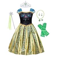 AmzBarley Princess Anna Coronation Costume Dress for Girls Halloween Cospaly Fancy Dress Up Kids Princess Role Play Outfit Holiday Party Clothes with Accessories Size 3-4 Years