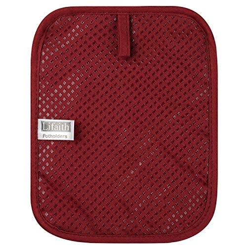100% Cotton with Silicone Kitchen Everyday Basic Pot Holder Heat Resistant Coaster Potholder Oven Mitts with Pocket for Cooking and Baking Set of 2 Red - Thumbnail 2