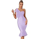 Mesh One Shoulder Bow Midi Dress Fishtail Bandage Cocktail Party Wedding Bridesmaid Evening Gown