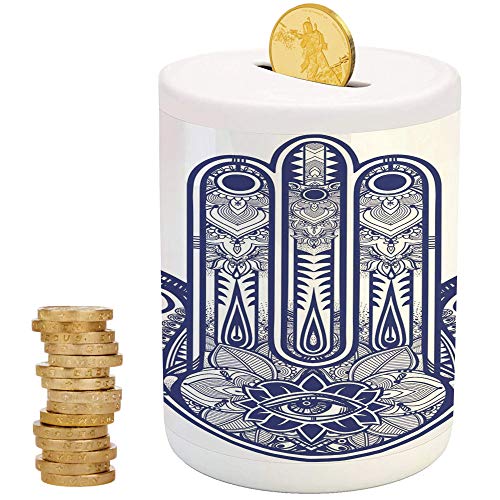 iPrint Hamsa,Ceramic Coin Bank,for Party Decor Girls Kid's Children Adults Birthday Gifts,Arabic Art Design Elements Ancient Antique Ethnic Amulet Cabala Magic Themed Sign