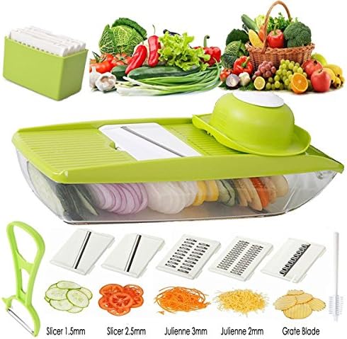 Vegetable Slicer/Mandoline Slicer-Vegetable Cutter Julienne Potatoes Onion/Cucumber Cutter Cheese Grater Shredder +Peeler&amp;brush +Food Container w/ 5 Stainless Steel Blades Anti-skip Fixed Handle