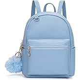 YiXiamo Cute 10 Inch Mini PU Backpack with D-Ring & Removable Fluffy Ball Charm for Teens & Women (blue)