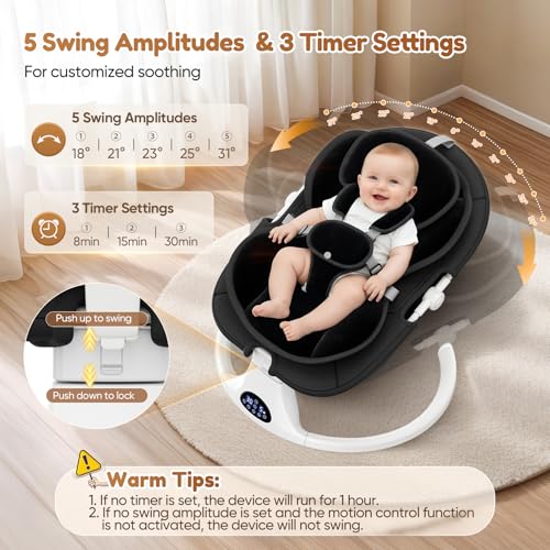 Dossier Réglable Transat Bébé Electrique, Balancelle Bébé Avec Coussin Amovible et Table D'appoint, Balançoire pour Baby avec 3 Minuteries et 5 Vitesses, 12 Mélodies, 3 Options D'alimentation (Noir)