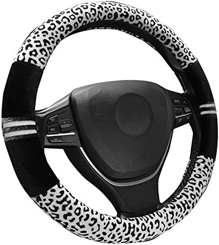 Mukool Steering Wheel Cover Leopard Pattern Wool Plush White and Velvet Black Durable Anti-Slip 38cm/15inch