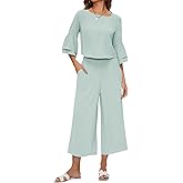 ROYLAMP Women's Summer 2 Piece Outfits Bell Sleeve Round Neck Crop Top Wide Leg Pants Set Matching Lounge Set with pockets