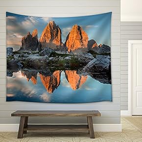 DREI Zinnen or TRE Cime Di Lavaredo with Reflection in Lake at Sundown - Fabric Wall Tapestry Home Decor - 51x60 inches