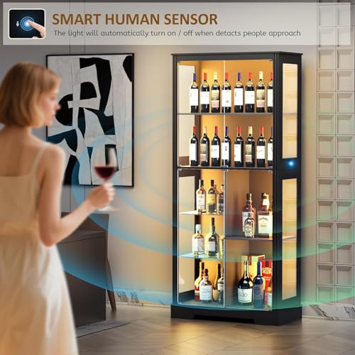 180 cm Display Cabinet with Glass Doors, Modern Curio Cabinet with 3 Color Lights, 7-Tiers Glass Display Cases for Collectibles, Tall Lego Storage Cabinet with Human Body Sensor (Black)
