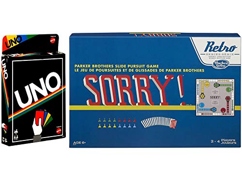 Throwback Double Pack Card & Board Game Matching Retro Uno! + Sorry Classic Edition Family Fun Game Night
