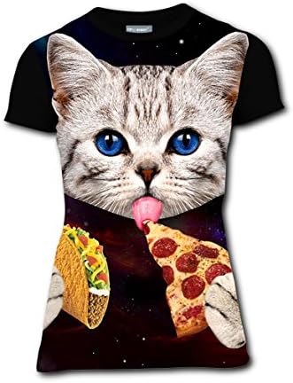 Women Tshirt Os Funny Pizza Cat Print Tops Casual Tee Short Sleeve Polyester