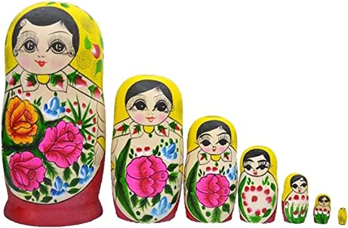 OUFEIJIA Stacking Dolls Russian Dolls Wood to Paint Stacking Red Russian Stacking Dolls with Peony Flower Pattern Yellow Nesting Dolls 7 Piece