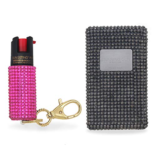 BLINGSTING Pepper Spray & Stun Gun Combo Safety Set - Carry Two Powerful Self Defense Products for Women, Maximum Strength Formula with UV Marking Dye, Keychain Clasp AND 950,000 Volt Compact Stun Gun