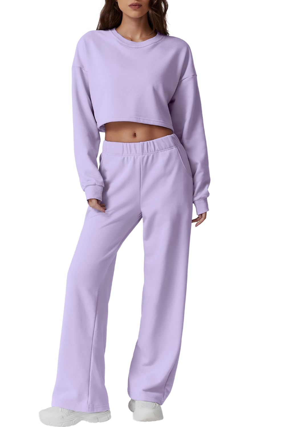 Photo 1 of QINSEN Two Piece Sweatsuit Set for Women Open Back Cropped Sweatshirt Baggy Fit Full Length Pants Tracksuits Purple XL